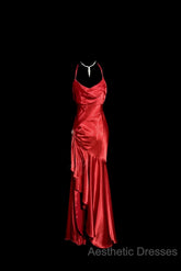 Vintage High Low Halter Satin Red Evening Prom Gown Fairy Long Evening Prom Dresses